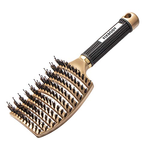 Product Cover FIXBODY Boar Bristle Hair Brush - Curved & Vented & Oversize Design Detangling Hair Brush for Women Long, Thick, Curly and Tangled Hair Blow Dryer Brush (Gold)