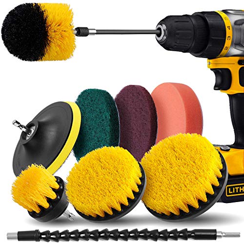 Product Cover Drill Brush Attachment Set - Drill Brush Power Scrubber 10 Piece, Scrub Pads & Sponge, Extend Long Attachment, Cleaning Brushes for Shower, Bathroom, Carpet, Grout, Tiles, Sinks, Car