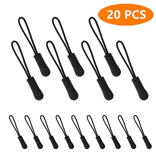 Product Cover 20PCS Zipper Pulls, Hopttreely Black Nylon Cord Zipper Tab Zipper Tags, Durable Zipper Extension Zip Fixer for Jackets, Purses, Belly Bags, Backpacks, Luggage