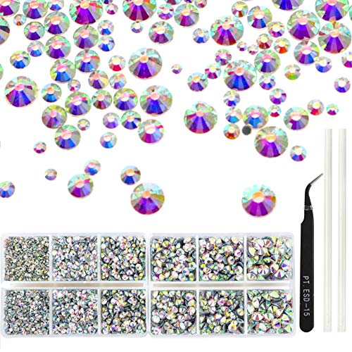 Product Cover Outuxed 5040pcs Crystal AB Hotfix Rhinestones 6 Mixed Size 2-6.5mm Flatback Round Glass Gems Crystal with Tweezers and Picking Rhinestones Pen for DIY Craft