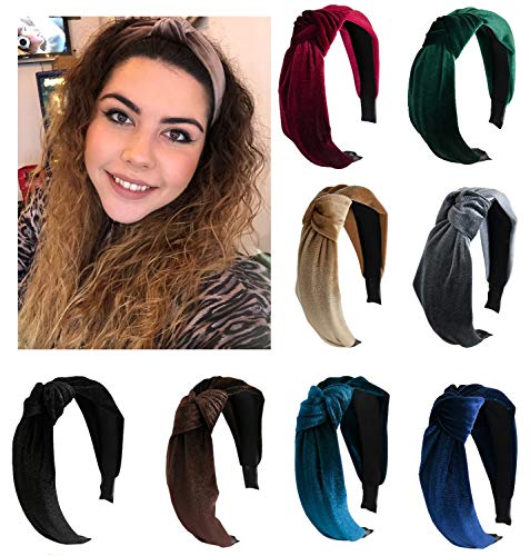 Product Cover 8 Pieces Wide Headbands Twist Knot Turban Headband Hair Band Velvet Hairband Elastic Hair Accessories for Women and Girls, 8 Colors