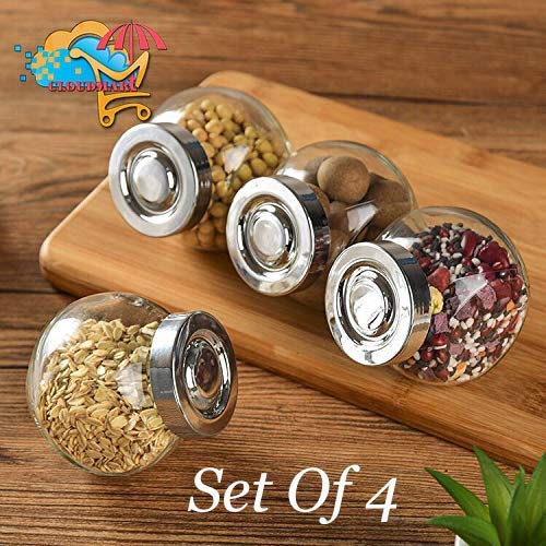 Product Cover Cloudmart Set of 4 Spice Glass Storage Jar for Masalas || Dry Fruits || Mouth Freshners with Lid,with Steel Cap Rust Proof Air Tight 200ml