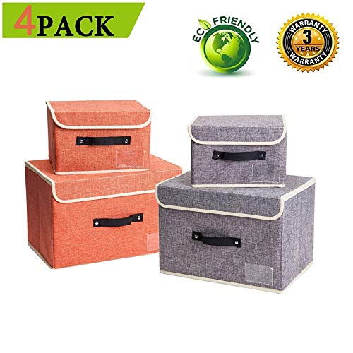 Product Cover Jane's Home 4 Pack Storage Bins Boxes Linen Collapsible Cube Set Organizer Basket with Lid & Handle, Foldable Fabric Containers for Clothes, Toys, Closet, Office, Nursery (Grey and Orange)