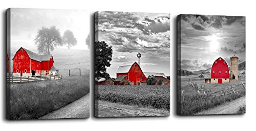 Product Cover Canvas Wall Art for Bedroom Bathroom Black and White Country Rustic Farm Red Cabin Canvas Wall Decor Picture Artwork Framed Ready to Hang for Living Room Home Wall Decoration Size 12x16 3 Piece a Set