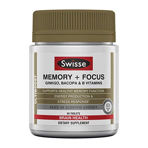 Product Cover Swisse Ultiboost Memory + Focus Supplement | Ginkgo Biloba, Bacopa & B Vitamins to Support Brain Health, Mental Alertness, Concentration and Focus | 60 Tablets