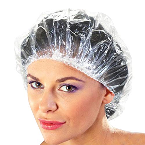 Product Cover 100+10 Disposable Clear Mop Mob Caps Clipped Hair Head Cover Shower Cap Plastic for Beauty Salon,Food Service,Hospitals,Laboratories,Manufacturing or Spray Tanning