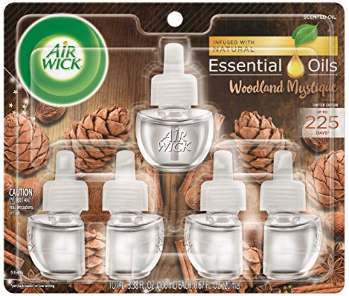 Product Cover Air Wick Plug in Scented Oil 5 Refills, Woodland Mystique, Holiday scent, Holiday spray, (5x0.67oz), Essential Oils, Air Freshener