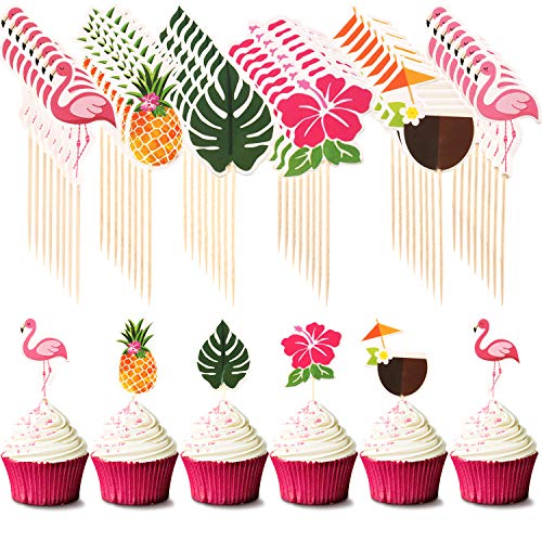 Product Cover 72 Pieces Hawaiian Luau Cupcake Toppers Cake Picks Toothpicks Decoration with Flamingo Pineapple Palm Leaves Shape for Summer Party Supplies Cake Decoration, 6 Styles