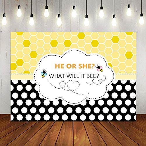 Product Cover Fanghui 7x5FT Bee Theme Gender Reveal Party Photography Backdrop Bumble Bee He or She What Will it Bee Background Honeycomb Dots Bee-Day Party Banner Supplies Photobooth Props