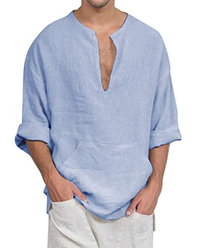 Product Cover Jacansi Mens Loose Cotton Tunic Casual Beach Long Sleeve V Neck Henley Tops