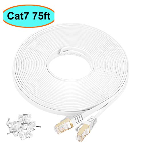 Product Cover Cat7 Ethernet Cable 75 ft Shielded (STP), AULLOV High Speed Flat RJ45 Cat-7/Category 7 Internet LAN Computer Patch Cord Cable, Faster Than Cat5/Cat6-75 Feet White (22.9 Meters)