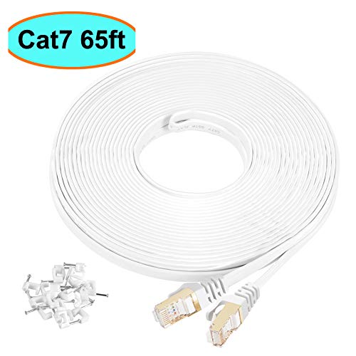 Product Cover Cat7 Ethernet Cable 65 ft Shielded (STP), AULLOV High Speed Flat RJ45 Cat-7/Category 7 Internet LAN Computer Patch Cord Cable, Faster Than Cat5/Cat6-65 Feet White (19.8 Meters)