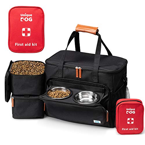 Product Cover Unique Dog Travel Bag - Dog Traveling Luggage Set for Dogs Accessories - Include Pet First Aid Bag with Case Tags, Elevated Bowl Stand, 2X Food Storage Containers, 2X Dog Stainless Steel Bowls.
