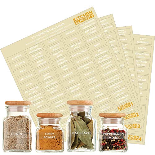 Product Cover 271 Labels: 242 Spice/Herb Names + 29 Blank Labels | UPGRADED Thicker Labels & Backing Paper| Alphabetized Spice Label System by KITCHEN ALMIGHTY | Clear Round Corner PET Sticker and White Letters