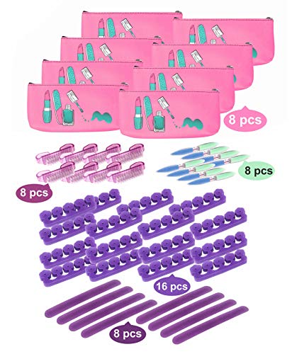 Product Cover Spa Party Favors 48 Piece Set for Girls mani and pedi (8 Mini Emery Boards, 16 Toe Separators, 8 Brushes, and 8 6-way Nail Buffer)