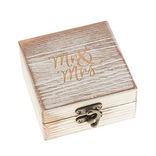 Product Cover Ella Celebration Wood Ring Box for Wedding Ceremony Rustic Vintage Ring Bearer Box, Unique Engagement Ring Holder Boxes for Marriage, Mr & Mrs Decorative Boho Jewelry Favor Gift (Antique White)