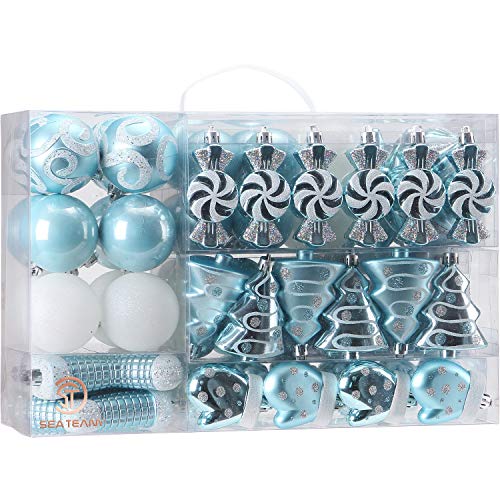 Product Cover Sea Team 77-Pack Assorted Shatterproof Christmas Balls Christmas Ornaments Set Decorative Baubles Pendants with Reusable Hand-held Gift Package for Xmas Tree (Babyblue)