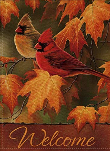 Product Cover Selmad Welcome Fall Cardinal Garden Flag Love Red Bird Double Sided, Memorial Quote Rustic Burlap Decorative House Yard Decoration, Autumn Leaves Seasonal Home Outdoor Vintage Décor 12 x 18