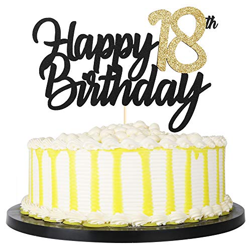 Product Cover PALASASA Black Gold Glitter Happy Birthday cake topper - 18 Anniversary/Birthday Cake Topper Party Decoration (18th)