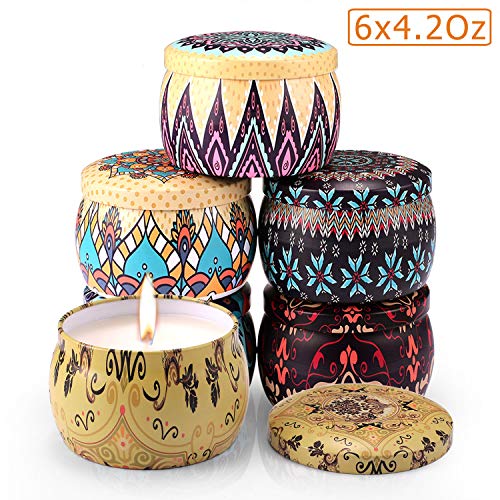 Product Cover Arosky 6 x 4.2 Oz Pack of 6 Scented Candles Natural Soy Wax Portable Travel Tin Aromatherapy Candle Gift Set - Jasmine/Lotus/Lilac/Gardenia/Rose/Vanilla Fragrance