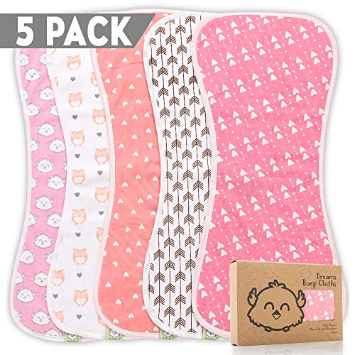 Product Cover Organic Burp Cloths for Baby Girls - 5-Pack Ultra Absorbent Burping Cloth, Burp Clothes, Newborn Towel - Milk Spit Up Rags - Burpy Bib for Girl - Burp Cloths Set (Pink Dreams)