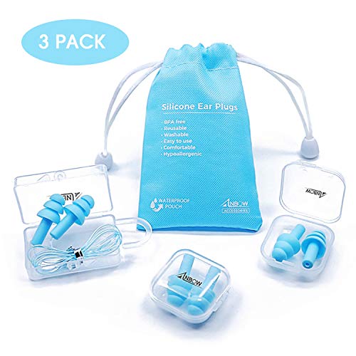 Product Cover Reusable Silicone Ear Plugs - ANBOW Waterproof Noise Reduction Earplugs for Sleeping, Swimming, Snoring, Concerts, 32dB Highest NRR, 3 Pairs with Bonus Travel Pouch