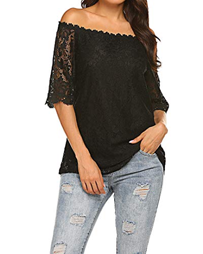 Product Cover Qearal Women 3/4 Sleeve Sexy Sheer Blouse Mesh Lace Off Shoulder Top Black S
