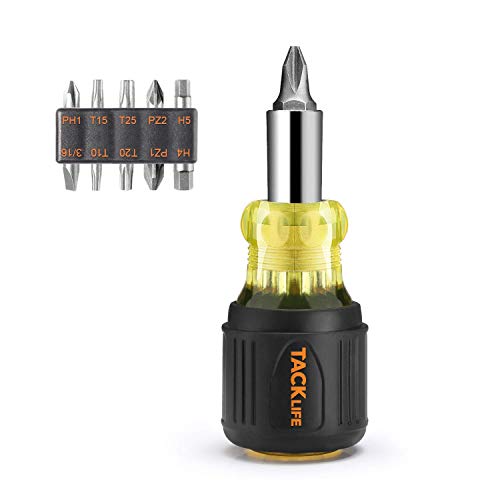 Product Cover Screwdrivers, TACKLIFE 12-in-1 Stubby Screwdriver& 2 Nut Driver Tight Spaces Interchangeable Multi-bit Drives,Phillips, Slotted, Torx, Hexagon, Pozidriv, Nut Driver - HSS4A