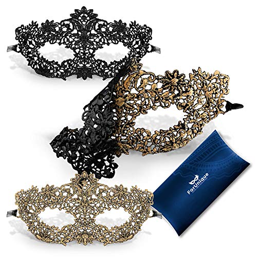 Product Cover One Masquerade Mask for Women 2 Sides - Unique Luxury Design One Side Black and One Gold Girl Lace Venetian Eye Mask - Party Supplies Accessories Carnival Mardi Gras Anniversary Ball Prom Halloween