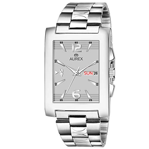 Product Cover Aurex Grey Dial Square Shaped Day & Date Functioning Stainless Steel Bracelet Watch for Men (AX-GSQ152-GRYC)