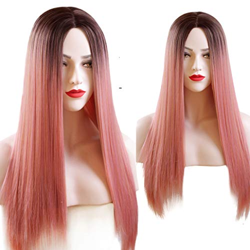 Product Cover 26 inches Women's Silky Long Straight Pastel Pink Wigs with Heat Resistant Synthetic Ombre Pink Wig with Dark Brown Roots Wigs for Women Cosplay Halloween Non-Lace Wig