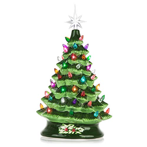 Product Cover RJ Legend Ceramic Christmas Tree - Green Decorative Christmas Tree with Lights - Hand Painted Pre-Lit Holiday Centerpiece - Multicolored Bulbs & 7 Point Star Topper - Elegant Design