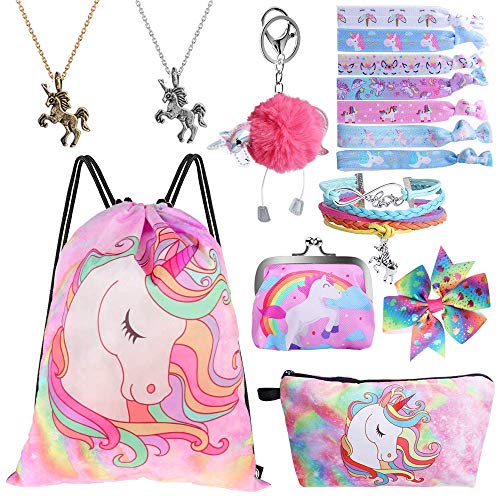 Product Cover Standie 9PCS Drawstring Backpack for Unicorn Gift for Girls Include Makeup Bag Bracelet Necklace Set Hair Ties for Unicorn Party Favors
