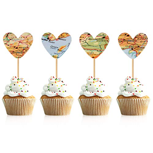 Product Cover Donoter 36 Pcs Map Heart Cupcake Topper Picks for Adventure Themed Wedding Bridal Shower Graduation Party Decorations