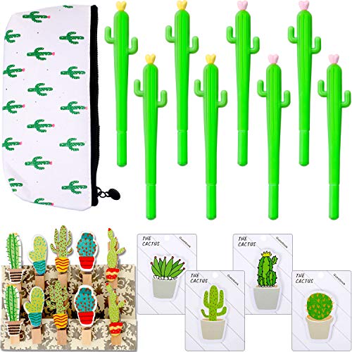 Product Cover 33 Pieces Cactus Creative Stationery Set Cactus Shaped Rollerball Pen Cactus Notes Sticker Cactus Pencil Bag and Cactus Clip for Office Supplies