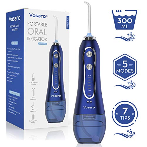 Product Cover Cordless Water flosser Oral Irrigator, Vosaro Portable Rechargeable Dental Water Pick Teeth Cleaner, 5 Modes 7 Tips flossers for Braces and Travel, Soft Pressure for Children, IPX7 Waterproof,300ml