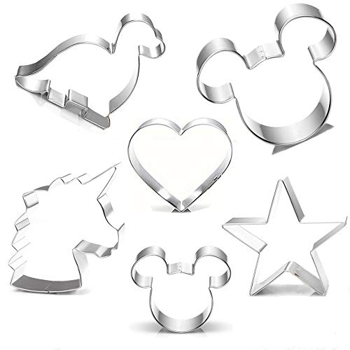 Product Cover Cookie Cutter for Kids,Mickey Mouse Unicorn Dinosaur Heart Star Shapes Stainless Steel Cookie Cutters Mold for Cakes,Biscuits and Sandwiches（Set of 6）