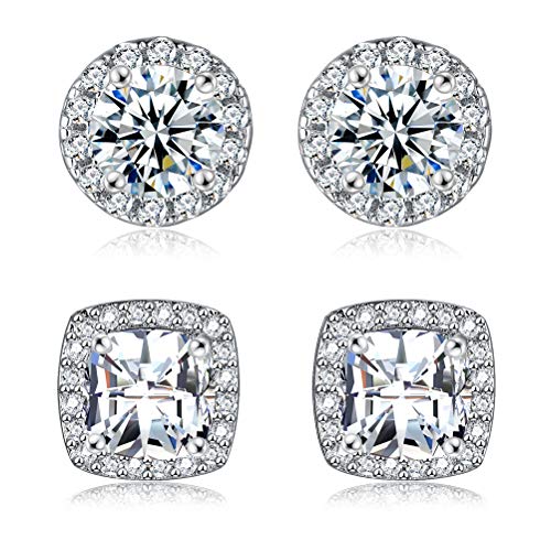 Product Cover 18K White Gold Plated Round Square Cubic Zirconia Simulated Diamond Halo Stud Earrings (2 Pairs)