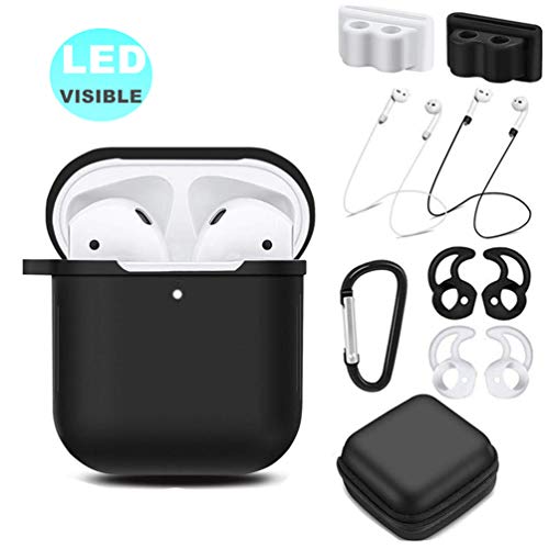 Product Cover AirPods Case Accessories Kit [Front LED Visible], HULOSAN Silicone Protective Airpods Case Cover Skin for Apple AirPod 1 & 2 -With Airpods Ear Hook/Tips/Strap/Clips/Watch Holder/Keychain/Zipper Box