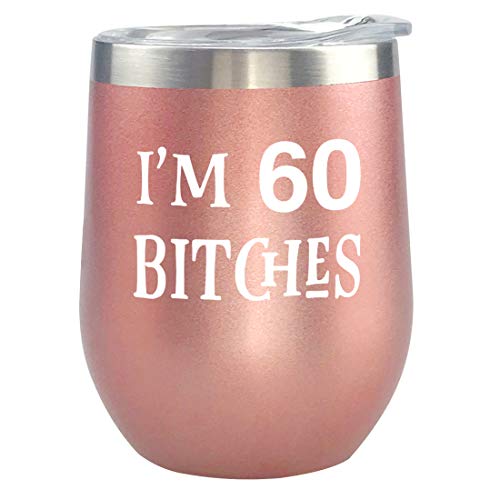 Product Cover 60th Birthday Gifts for Women - 12 oz Rose Gold Stainless Steel Insulated Tumblers Cup with Lid - Cute Anniversary Gift Ideas for Mom, Wife - Party Decorations or Her