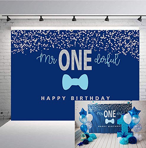 Product Cover Botong 7x5FT Boys 1st Birthday Mr. Onederful Backdrop Blue Bow Tie Blue and Silver Photography Background Baby Shower Boy Toddler Little Man First Birthday Cake Table Decorations Photoshoot Banner