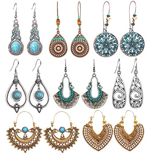 Product Cover SUNNYOUTH 8 Pairs Vintage Statement Drop Dangle Earrings Bohemian National Style Hollow Water Drop Heart Shaped Alloy Long Boho Dangle Earrings for Women Girls
