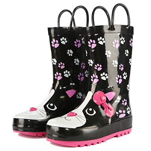 Product Cover SHOFORT Kids Rain Boots Girls Boys Toddler Rainboots Rubber Rain Shoes Animal Printed,Easy-On Handles Cat Size 12 US