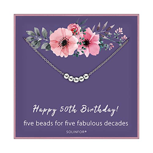Product Cover SOLINFOR 50th Birthday Gifts for Women - 925 Sterling Silver Necklace - Five Bead for Her 5 Decade - 50 Years Old Jewelry Gift Idea