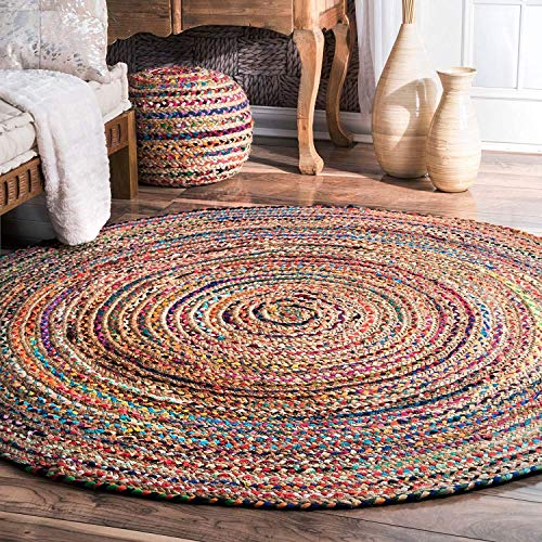 Product Cover Fernish Decor Round Jute & Cotton Rug Carpet, Multi Chindi Braid Rug, Hand Woven & Reversible, Multi-Color Vibrant Fabric Rags for Living Room Bedroom (180 cm Dia, Round)