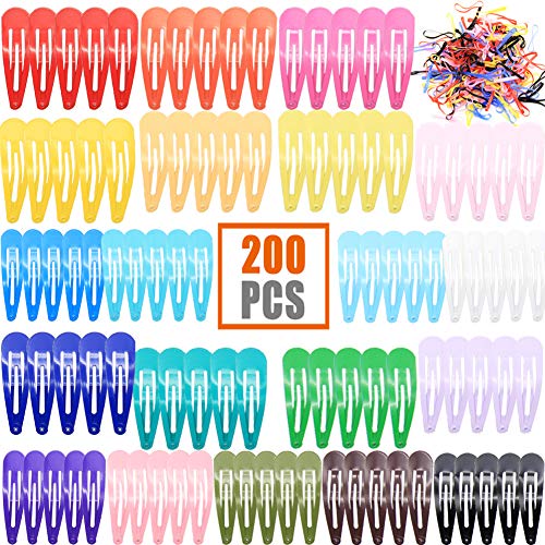 Product Cover 200Pcs Hair Clips- No Slip Metal Snap Hair Clips，Cute/youthful/beautiful s for Girls Toddlers Kids Women Accessories （20 Colors ）- 100 pieces hair clips+100 Candy Color Elastic Hair Bands