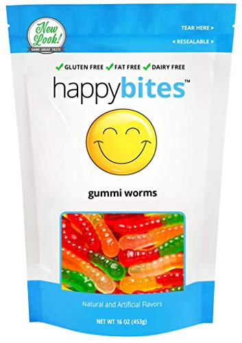 Product Cover Happy Bites Gummi Worms - Gluten Free, Fat Free, Dairy Free - Resealable Pouch (1 Pound)