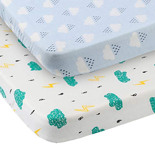 Product Cover Pack n Play Playard Fitted Sheet 2 Pack, Ultra Soft Stretchy Jersey Cotton Portable Mini Crib Sheets, Clouds and Raindrops Prints, White and Blue