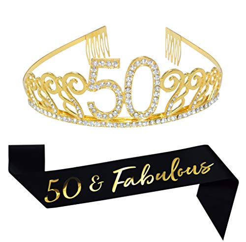 Product Cover 50th Birthday Gold Tiara and Sash, Glitter Satin Sash and Crystal Tiara Birthday Crown for 50th Birthday Party Supplies Favors Decorations 50th Birthday Cake Topper