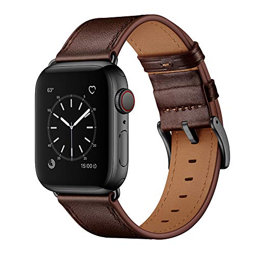 Product Cover OUHENG Compatible with Apple Watch Band 42mm 44mm, Genuine Leather Band Replacement Strap Compatible with Apple Watch Series 5 Series 4 Series 3 Series 2 Series 1 44mm 42mm, Dark Brown